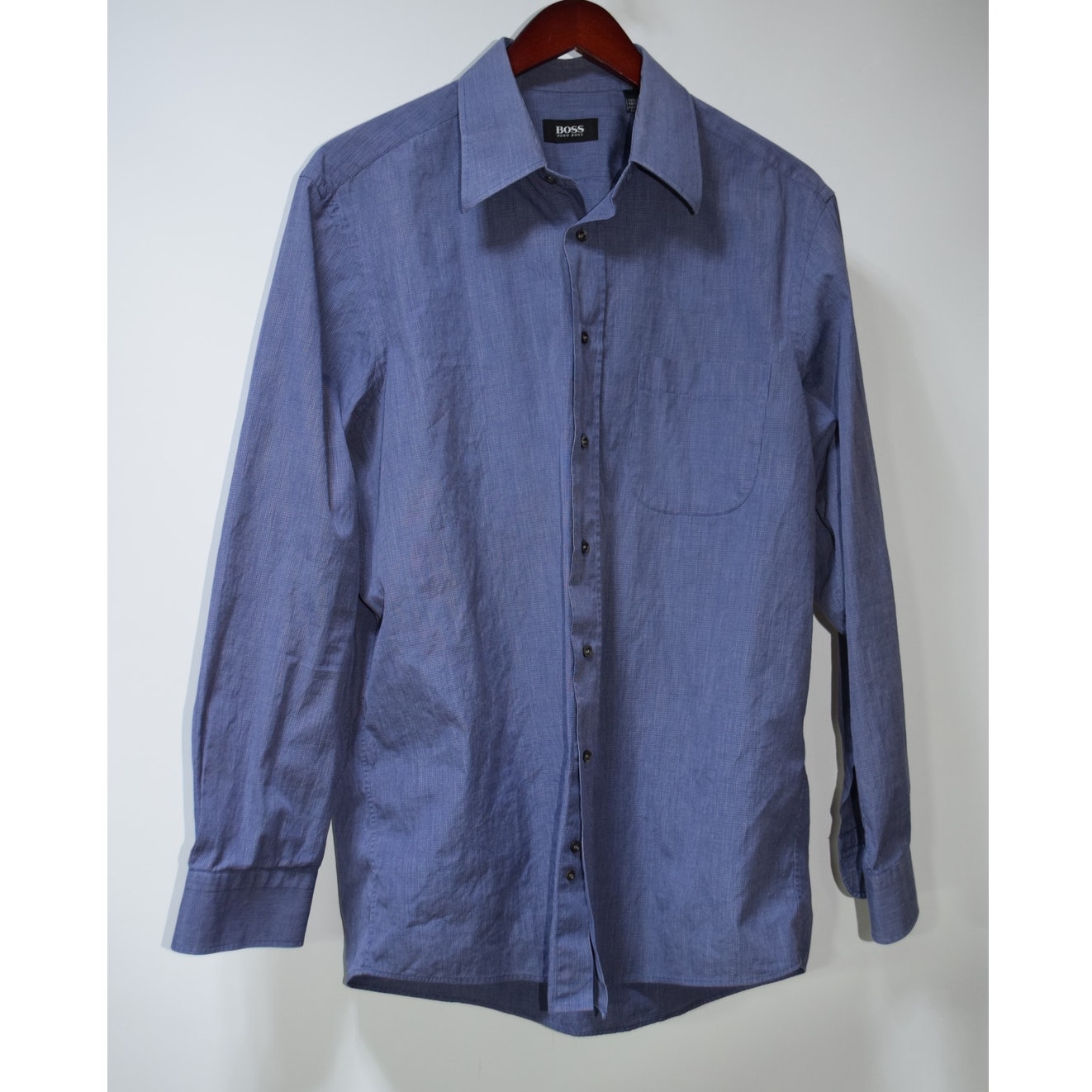 Hugo Boss Boss Dress Shirt Blue Micro Check 16.5 34/35 Classic Fit